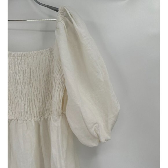 Tuckernuck Women's Annie Smocked Mini Dress Linen Puff Sleeve White sz L NEW - Picture 4 of 8
